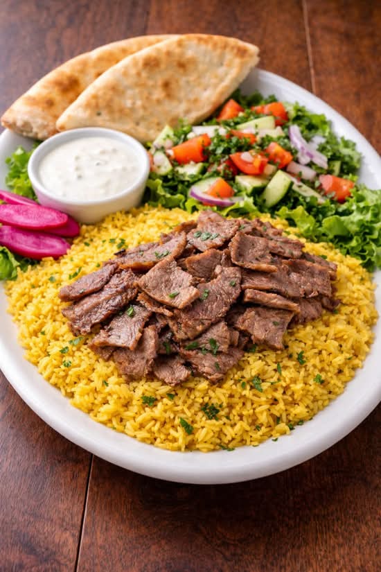 Greek gyro platter with rice, salad, and pita in Puyallup